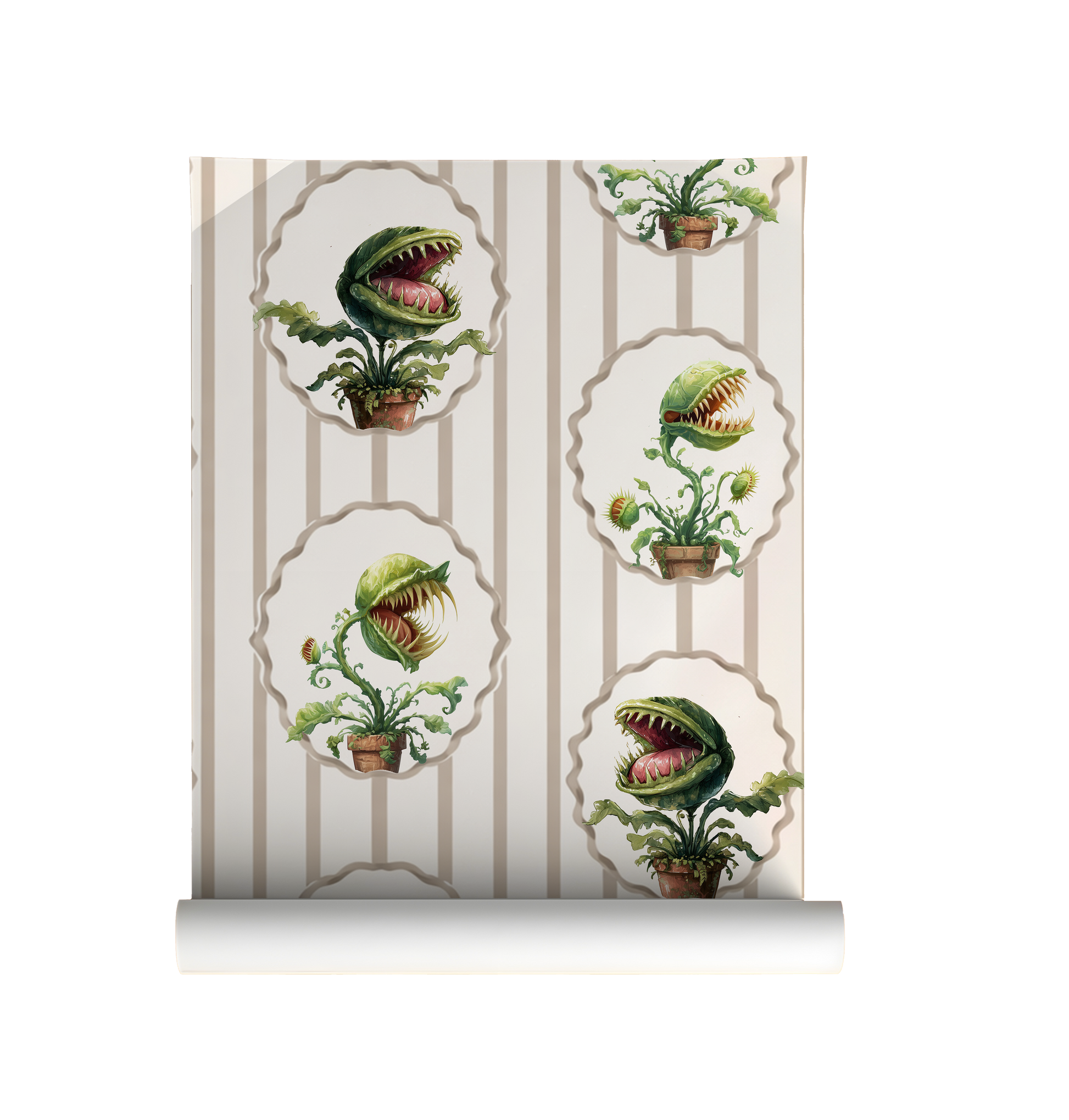 Peel-and-stick wallpaper sample featuring watercolor-style Venus flytraps in scalloped frames over soft beige vertical stripes on a cream background on roll