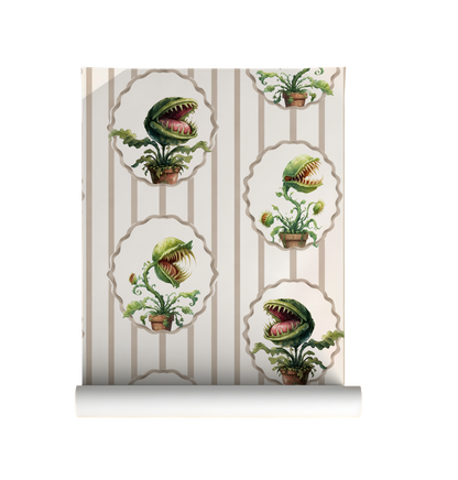 Peel-and-stick wallpaper sample featuring watercolor-style Venus flytraps in scalloped frames over soft beige vertical stripes on a cream background on roll