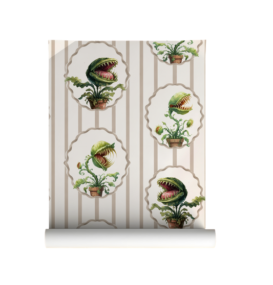 Peel-and-stick wallpaper sample featuring watercolor-style Venus flytraps in scalloped frames over soft beige vertical stripes on a cream background on roll