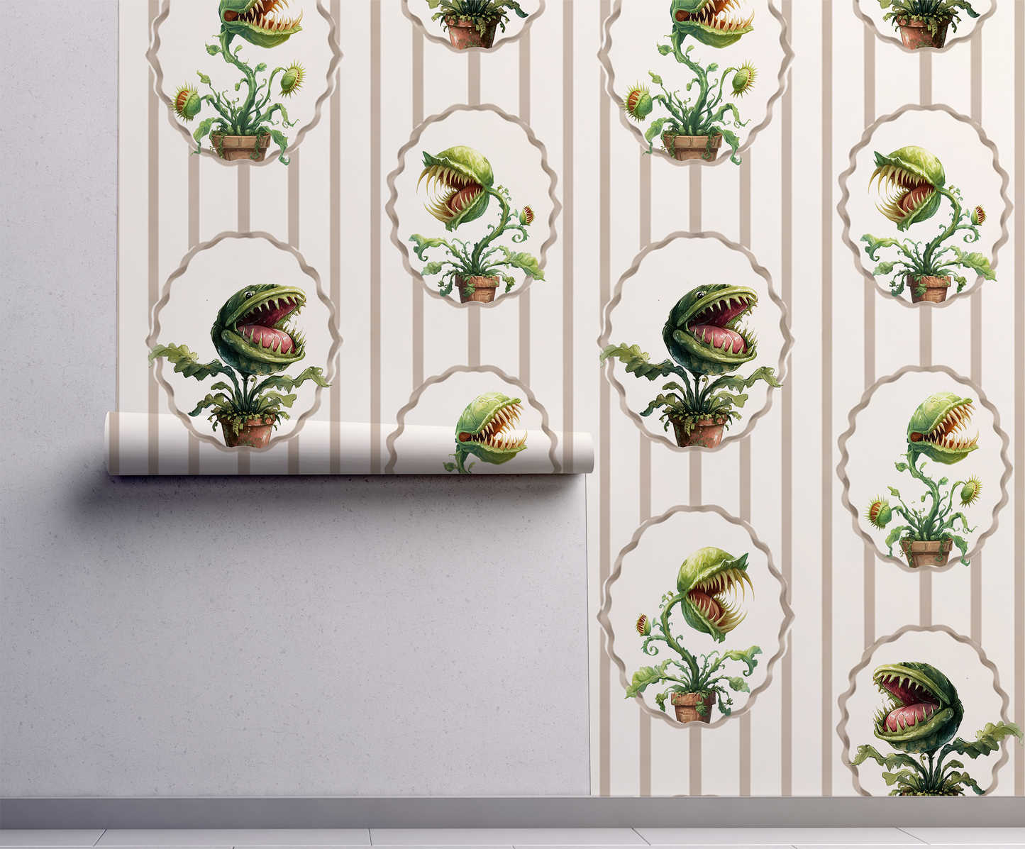 Peel-and-stick wallpaper sample featuring watercolor-style Venus flytraps in scalloped frames over soft beige vertical stripes on a cream background on wall
