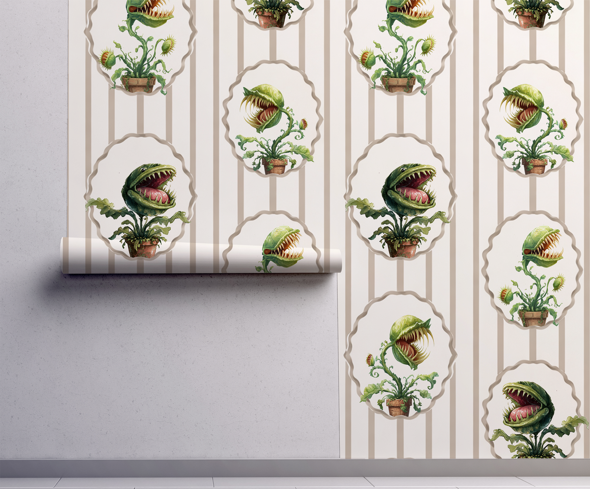 Peel-and-stick wallpaper sample featuring watercolor-style Venus flytraps in scalloped frames over soft beige vertical stripes on a cream background on wall