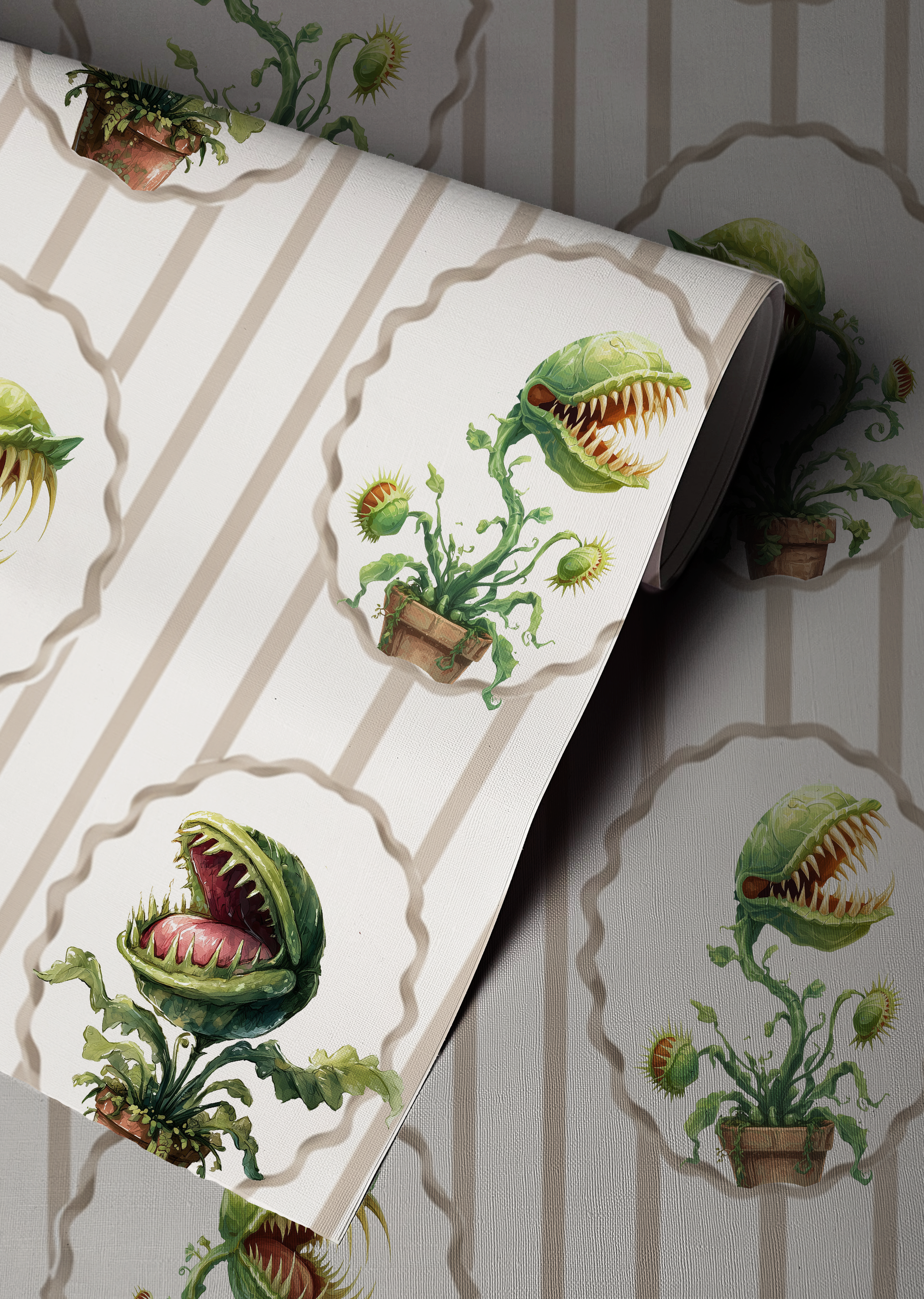 Peel-and-stick wallpaper sample featuring watercolor-style Venus flytraps in scalloped frames over soft beige vertical stripes on a cream background.