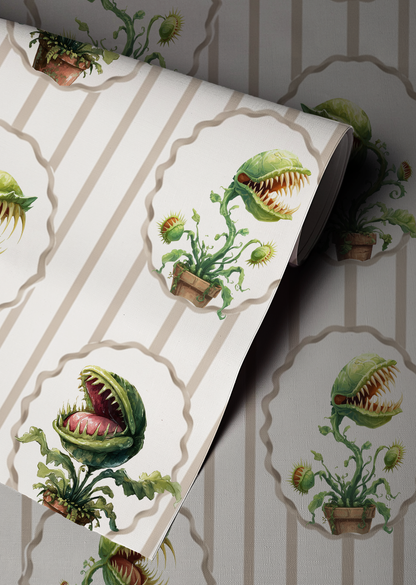 Peel-and-stick wallpaper sample featuring watercolor-style Venus flytraps in scalloped frames over soft beige vertical stripes on a cream background.