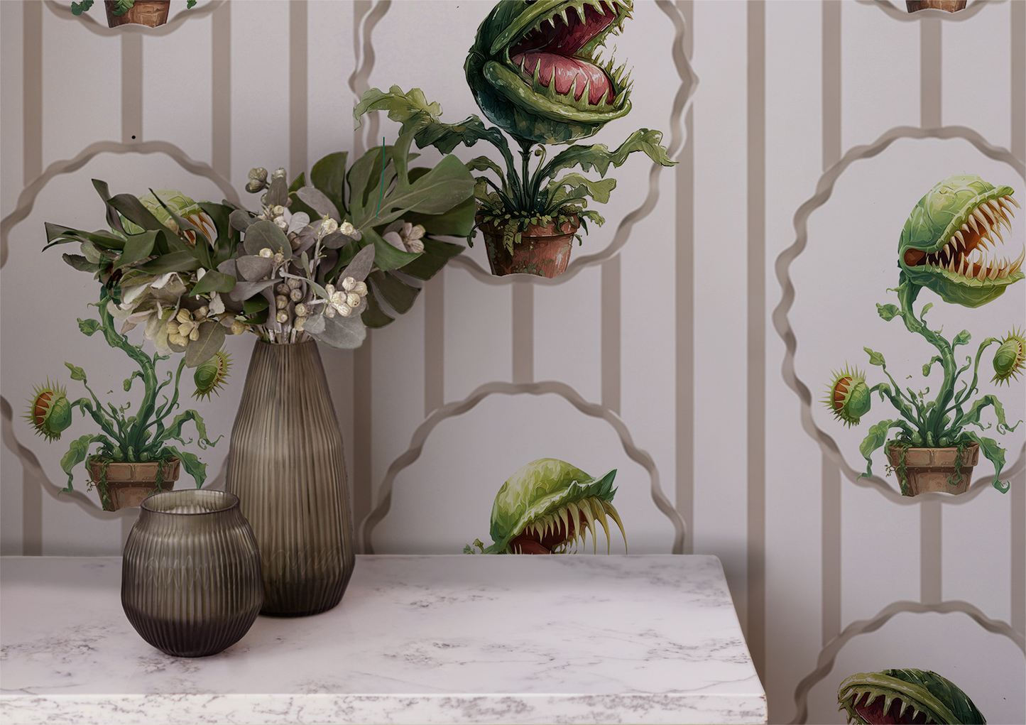 Peel-and-stick wallpaper sample featuring watercolor-style Venus flytraps in scalloped frames over soft beige vertical stripes on a cream background up close