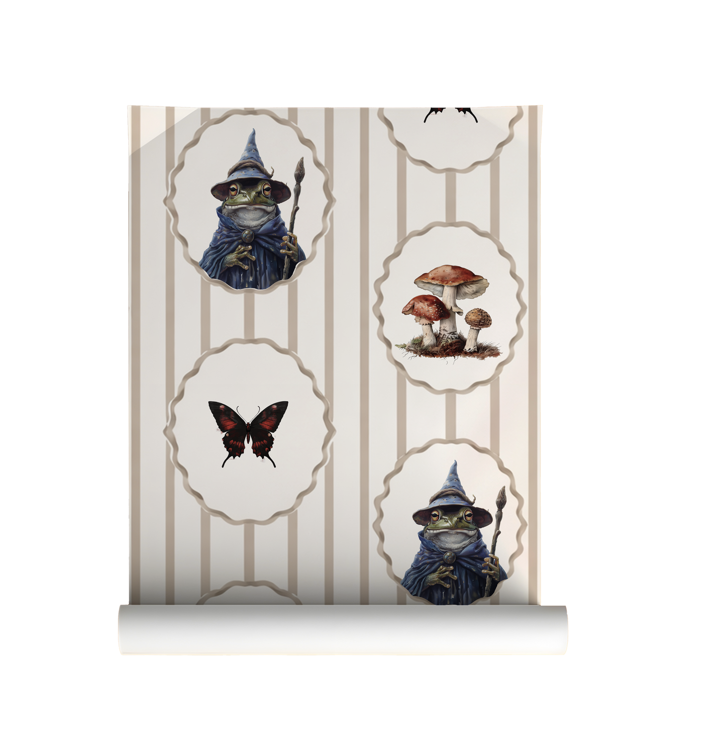 Whimsical peel-and-stick wallpaper featuring framed toad wizard portraits, mushrooms, and butterflies on a soft beige striped background on roll