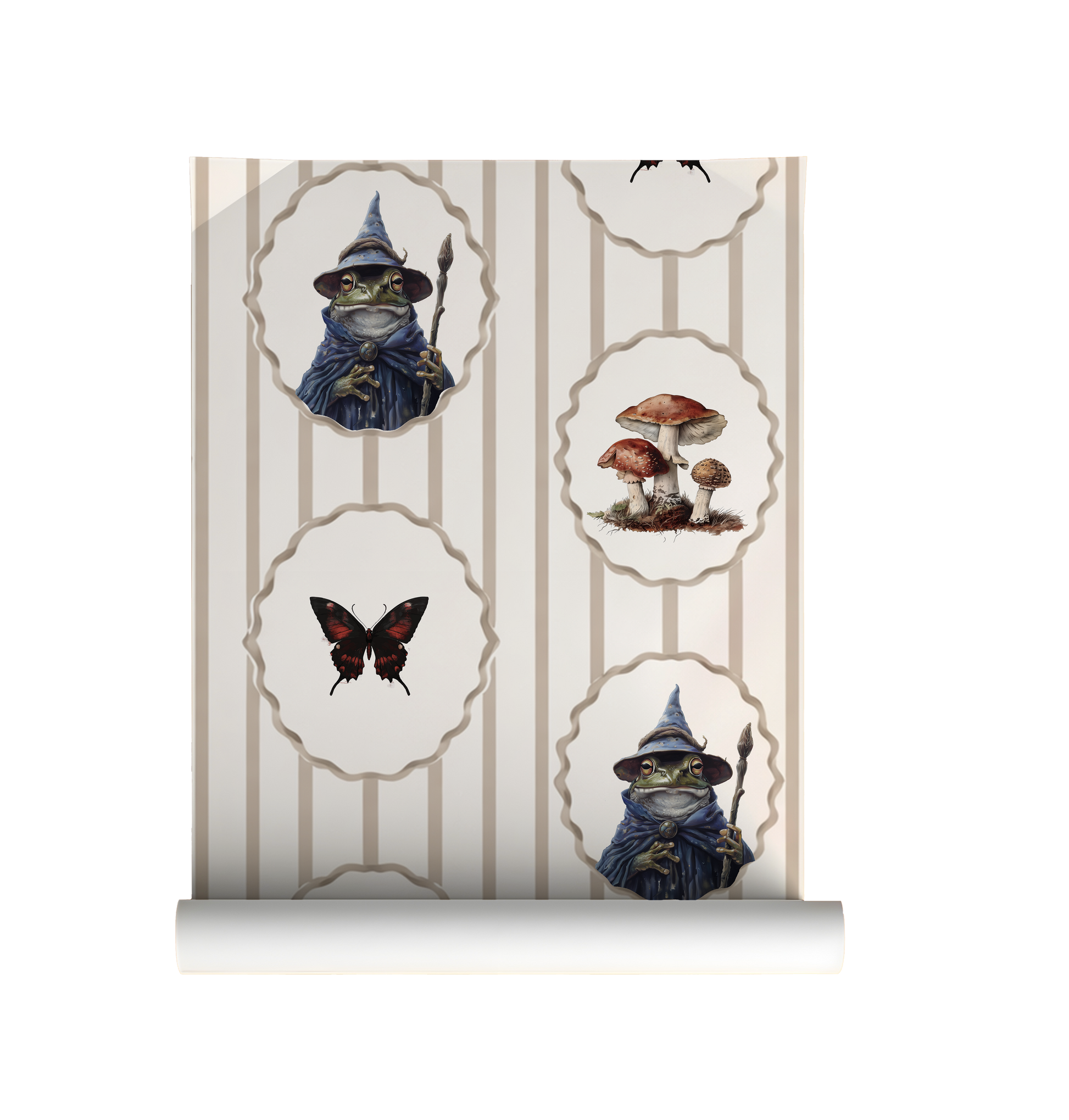 Whimsical peel-and-stick wallpaper featuring framed toad wizard portraits, mushrooms, and butterflies on a soft beige striped background on roll