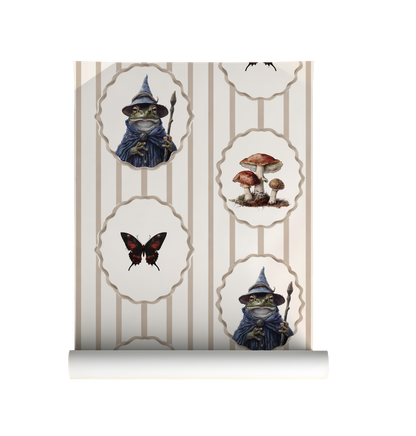 Whimsical peel-and-stick wallpaper featuring framed toad wizard portraits, mushrooms, and butterflies on a soft beige striped background on roll