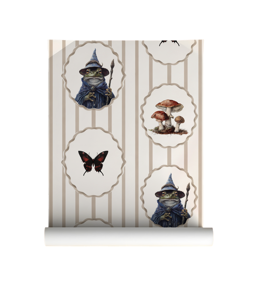 Whimsical peel-and-stick wallpaper featuring framed toad wizard portraits, mushrooms, and butterflies on a soft beige striped background on roll