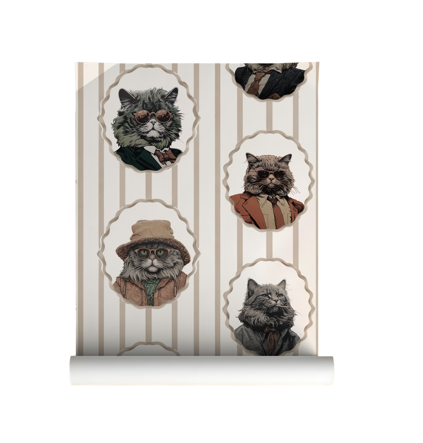 Whimsical peel-and-stick wallpaper featuring vintage-style cat portraits in scalloped frames on a soft beige striped background on roll