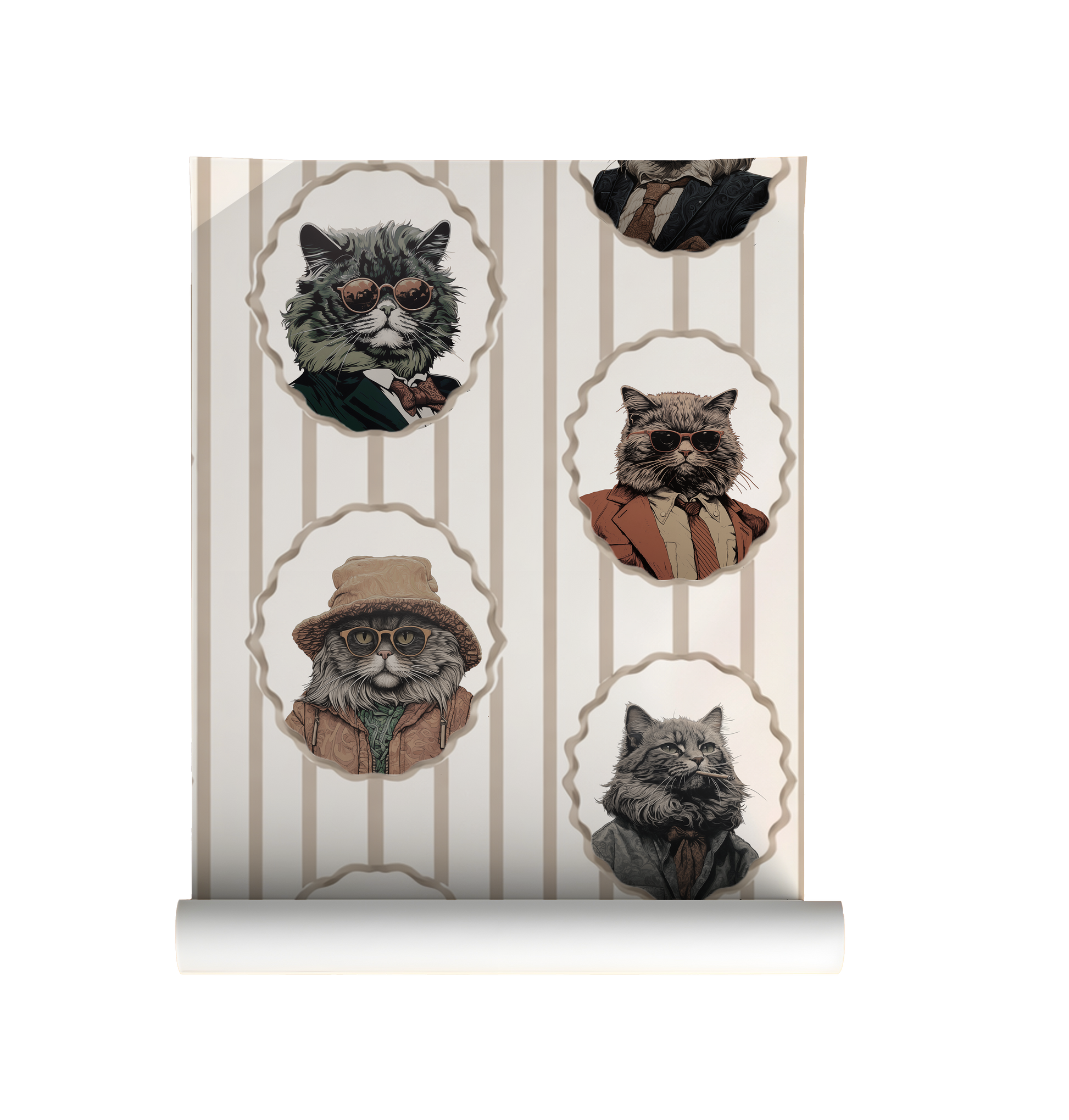 Whimsical peel-and-stick wallpaper featuring vintage-style cat portraits in scalloped frames on a soft beige striped background on roll