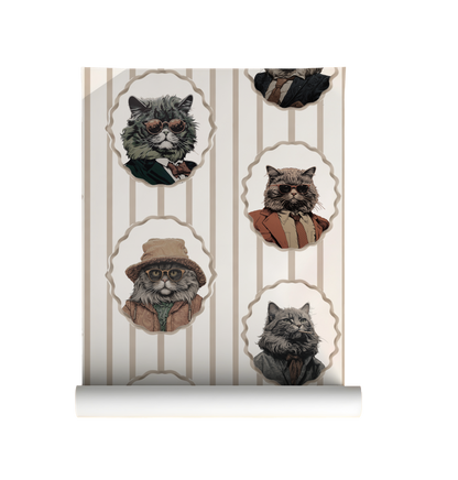 Whimsical peel-and-stick wallpaper featuring vintage-style cat portraits in scalloped frames on a soft beige striped background on roll