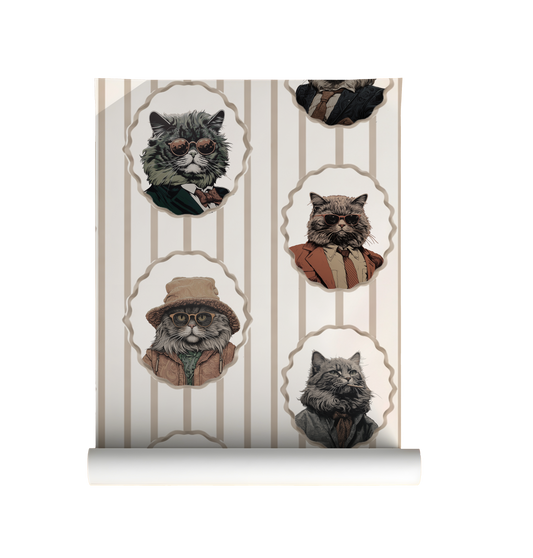 Whimsical peel-and-stick wallpaper featuring vintage-style cat portraits in scalloped frames on a soft beige striped background on roll