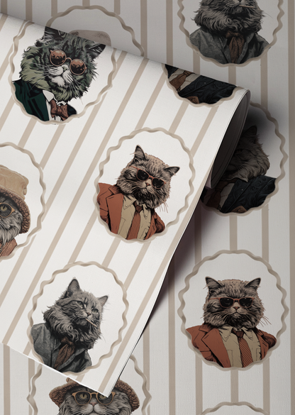 Whimsical peel-and-stick wallpaper featuring vintage-style cat portraits in scalloped frames on a soft beige striped background up close
