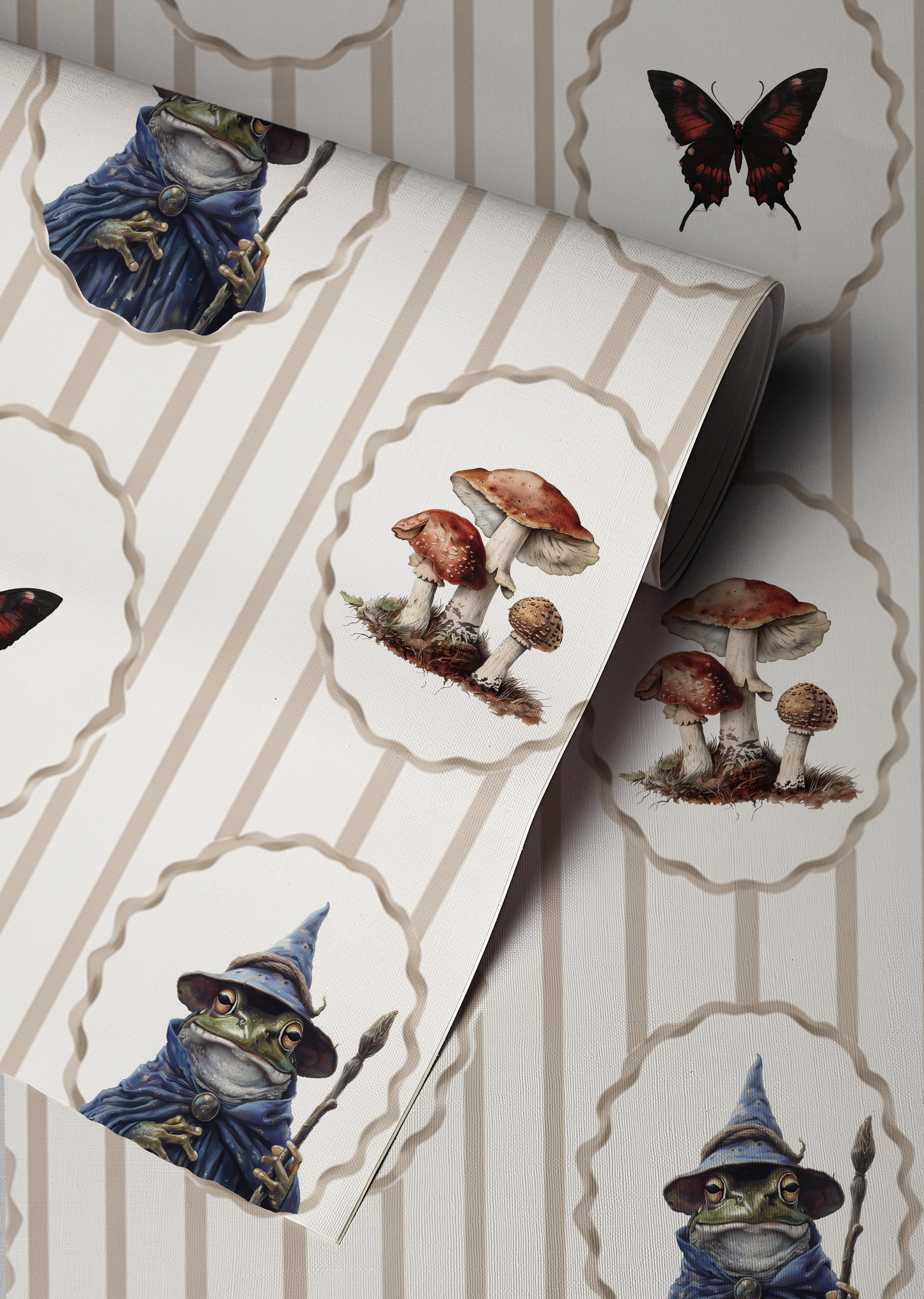 Whimsical peel-and-stick wallpaper featuring framed toad wizard portraits, mushrooms, and butterflies on a soft beige striped background up close