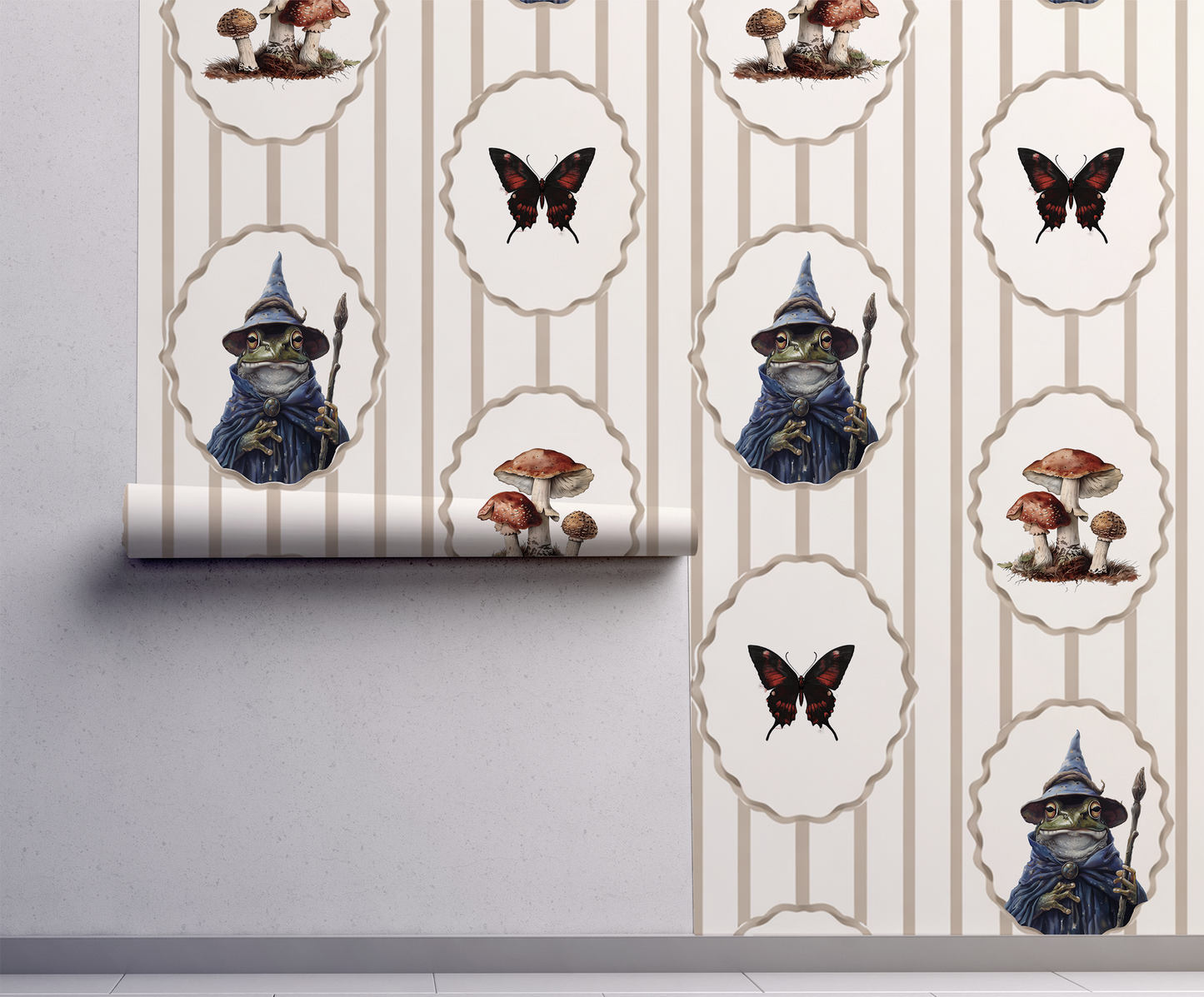 Whimsical peel-and-stick wallpaper featuring framed toad wizard portraits, mushrooms, and butterflies on a soft beige striped background on wall