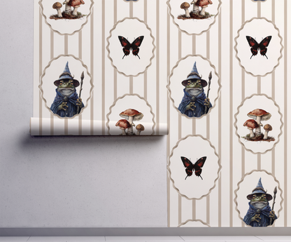 Whimsical peel-and-stick wallpaper featuring framed toad wizard portraits, mushrooms, and butterflies on a soft beige striped background on wall