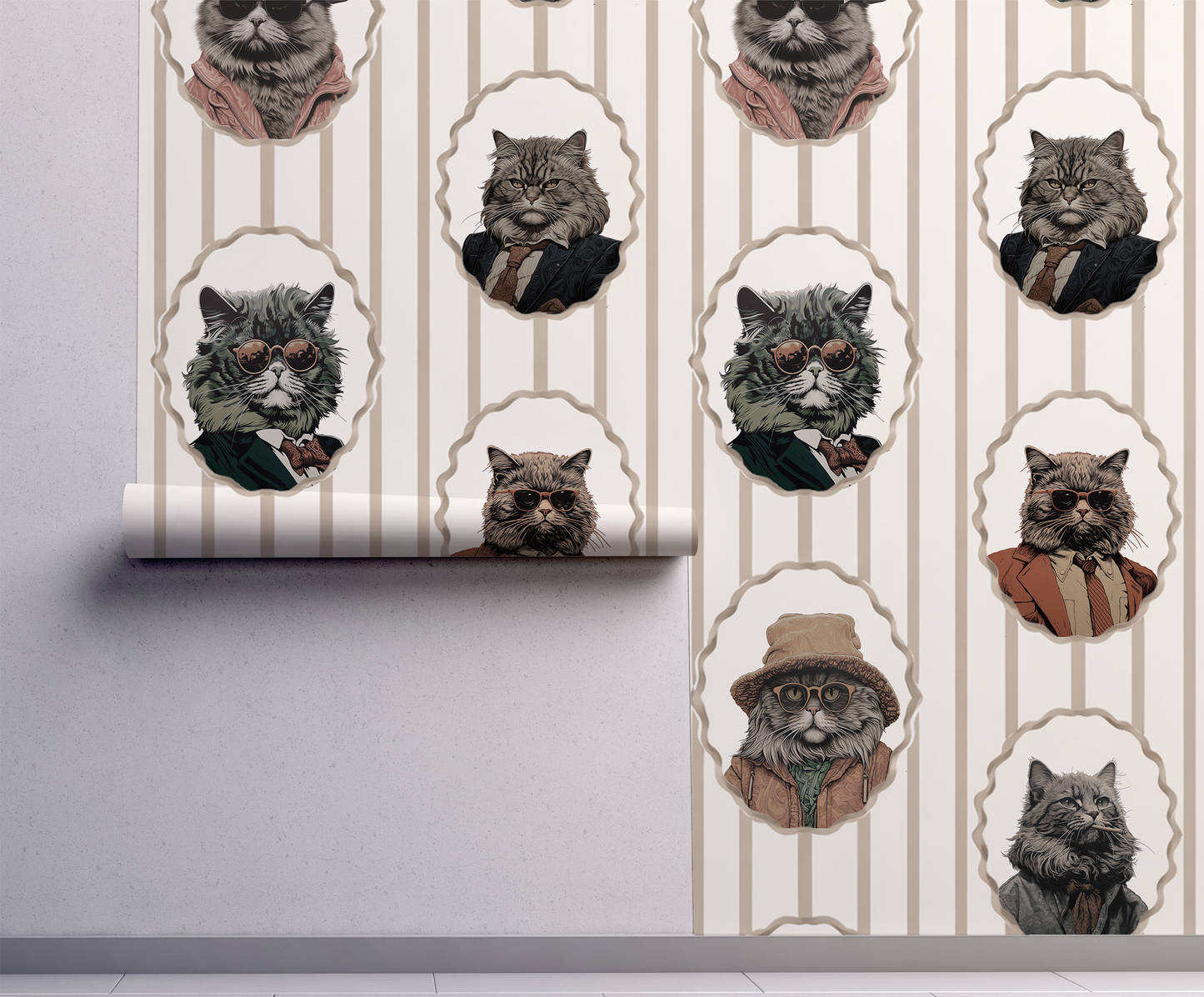 Whimsical peel-and-stick wallpaper featuring vintage-style cat portraits in scalloped frames on a soft beige striped background on wall