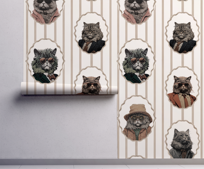 Whimsical peel-and-stick wallpaper featuring vintage-style cat portraits in scalloped frames on a soft beige striped background on wall
