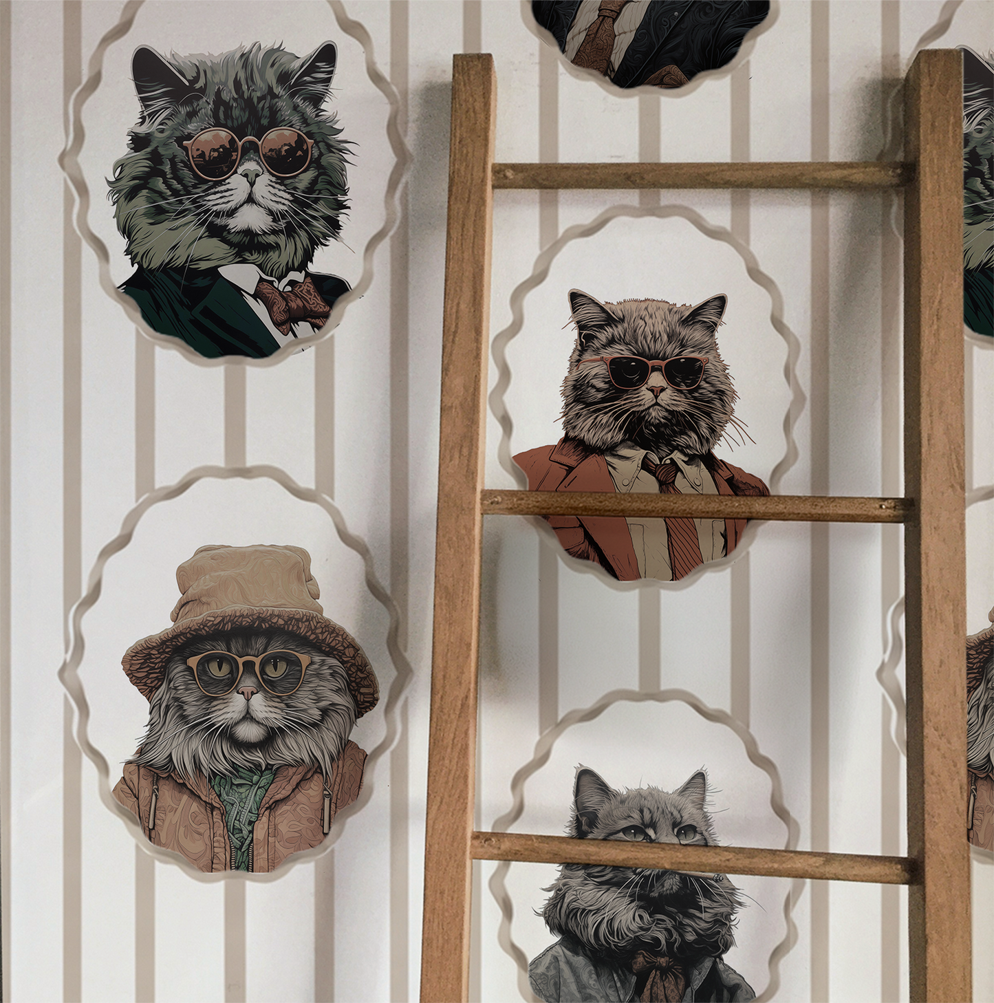 Whimsical peel-and-stick wallpaper featuring vintage-style cat portraits in scalloped frames on a soft beige striped background displayed