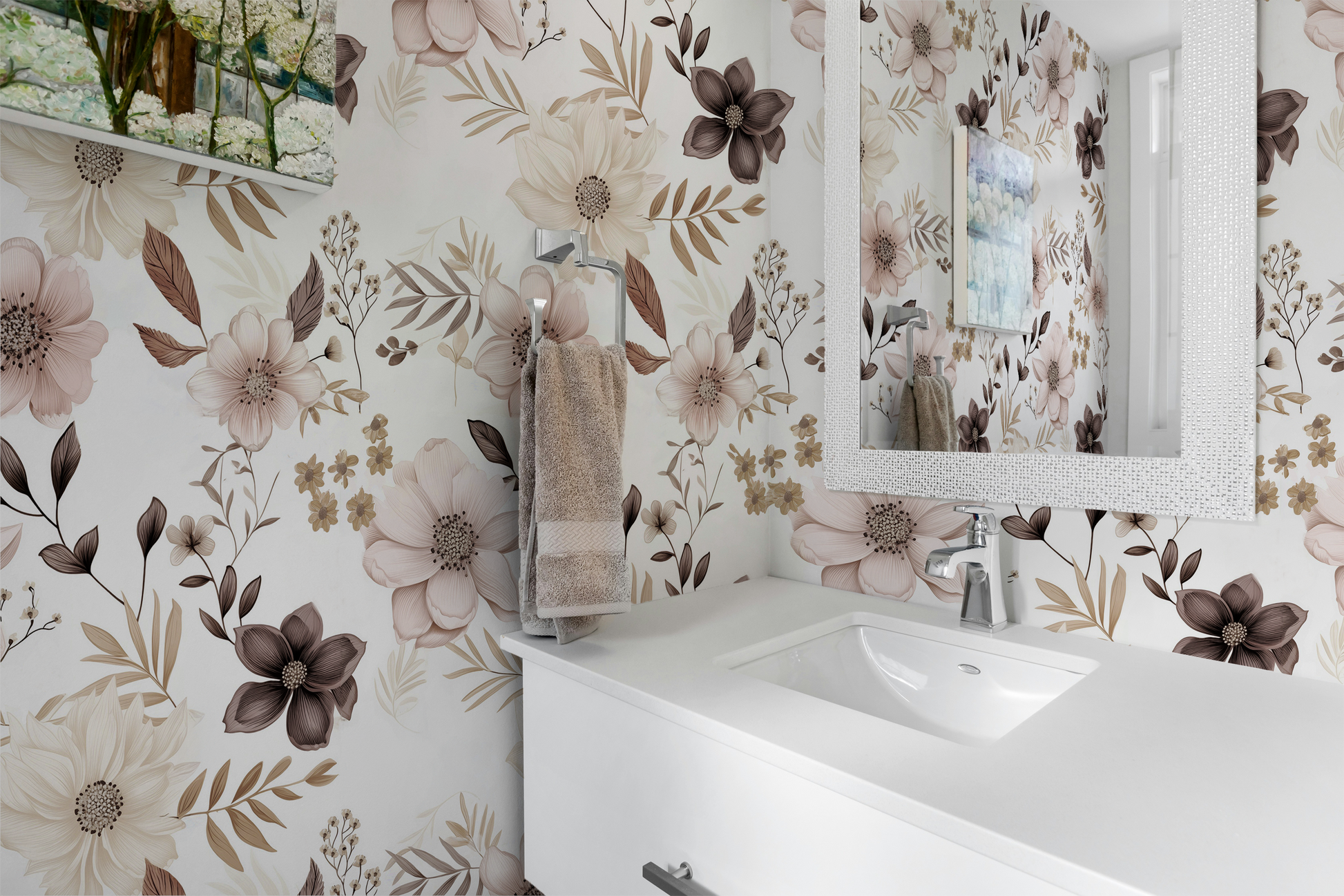 Beige blush floral wallpaper with large vintage botanical flowers and soft neutral tones In bathroom 