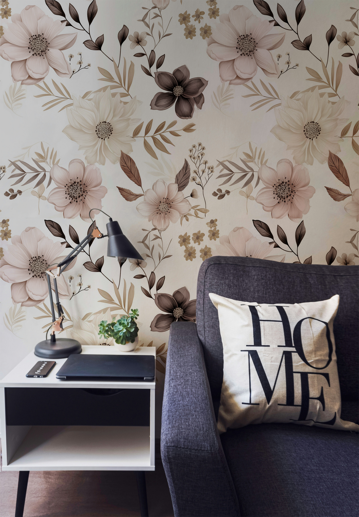 Beige blush floral wallpaper with large vintage botanical flowers and soft neutral tones On wall
