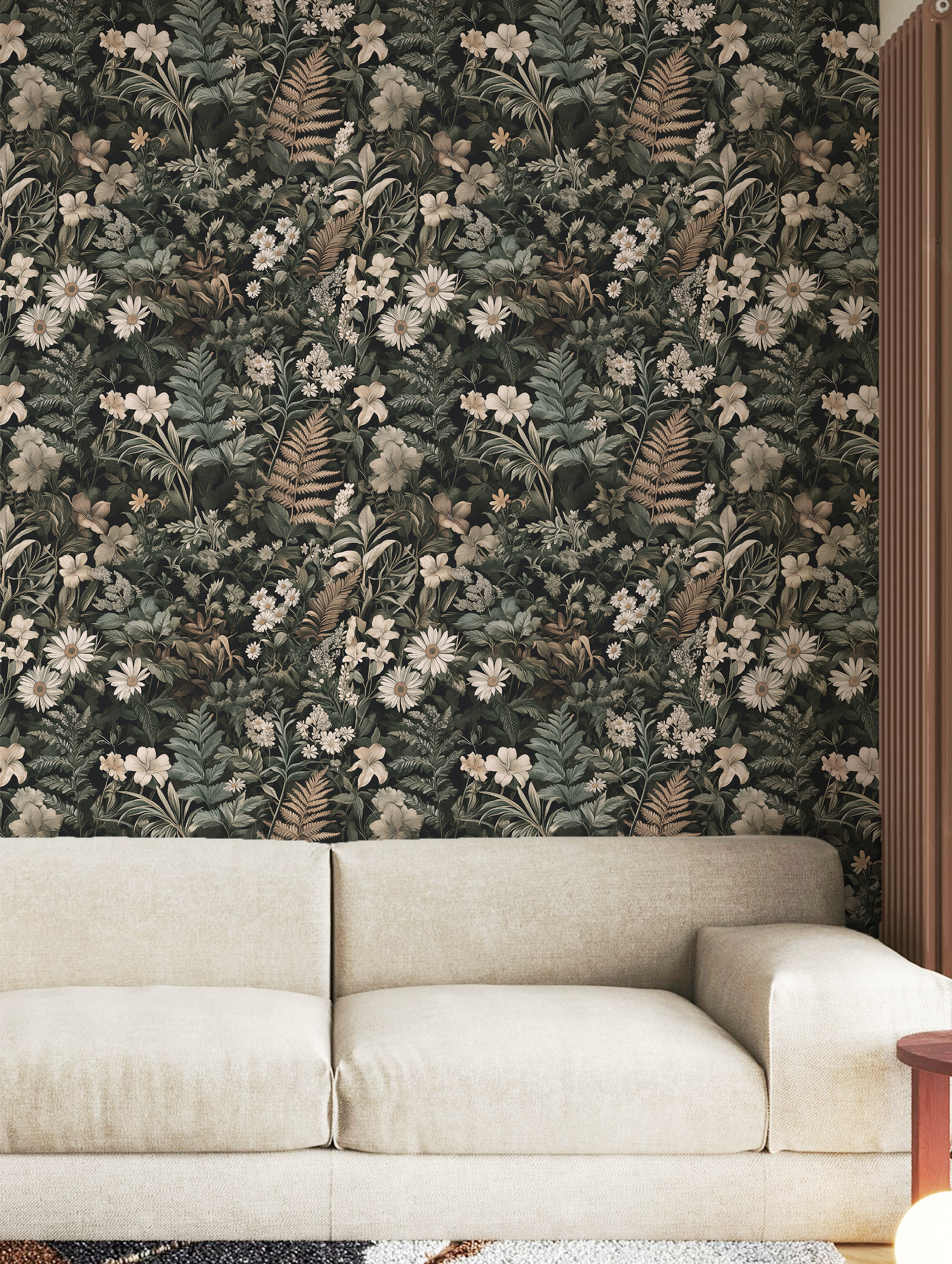 Dark green botanical wallpaper with dense vintage florals, ferns, and wildflowers in moody cottagecore style On wall