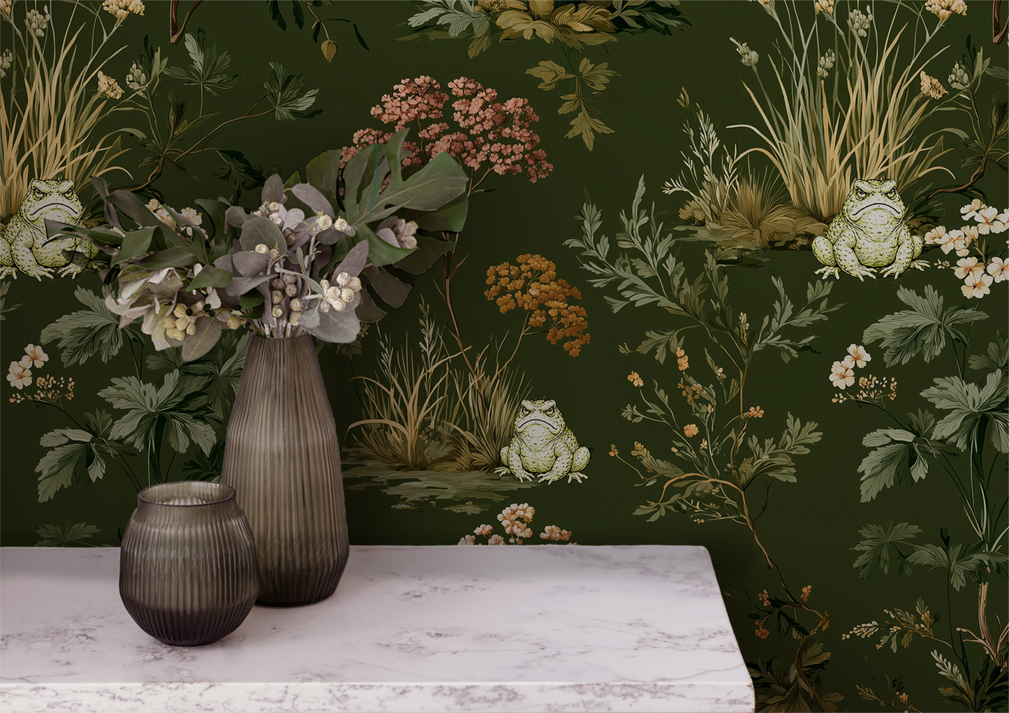 Woodland toad wallpaper with grumpy frogs, forest plants, and wildflowers on a deep green background up close