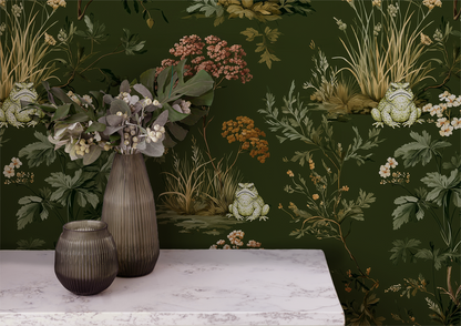Woodland toad wallpaper with grumpy frogs, forest plants, and wildflowers on a deep green background up close