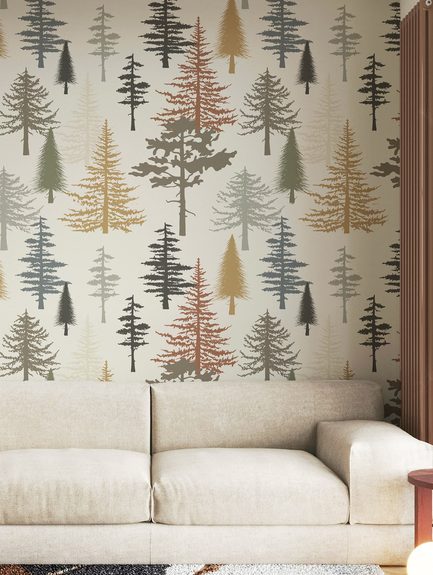 Forest tree wallpaper featuring stylized pine and evergreen trees in sage green, charcoal, taupe, mustard, and rust tones on a warm neutral background, inspired by woodland and cabin décor in living room