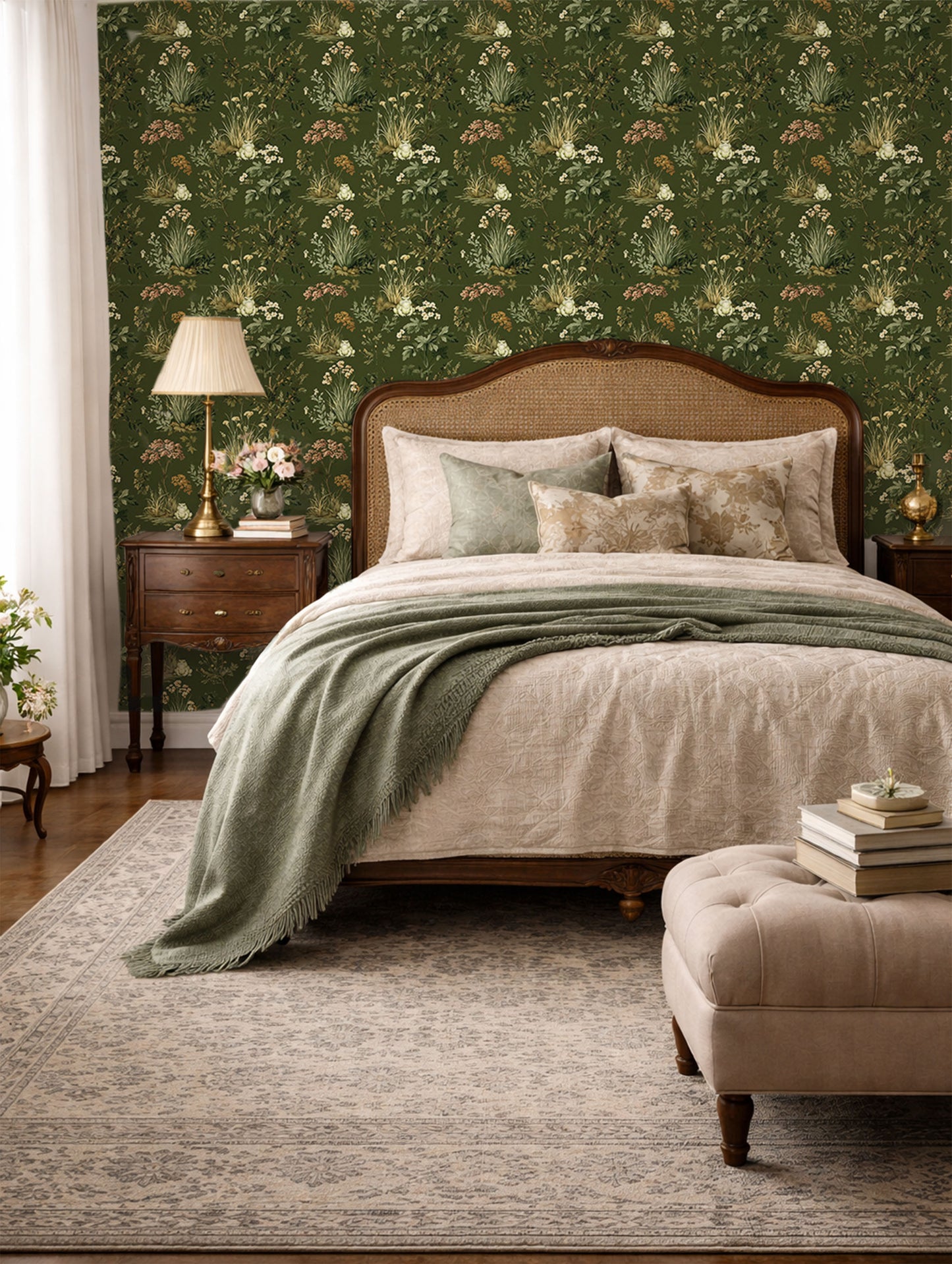 Woodland toad wallpaper with grumpy frogs, forest plants, and wildflowers on a deep green background in bedroom
