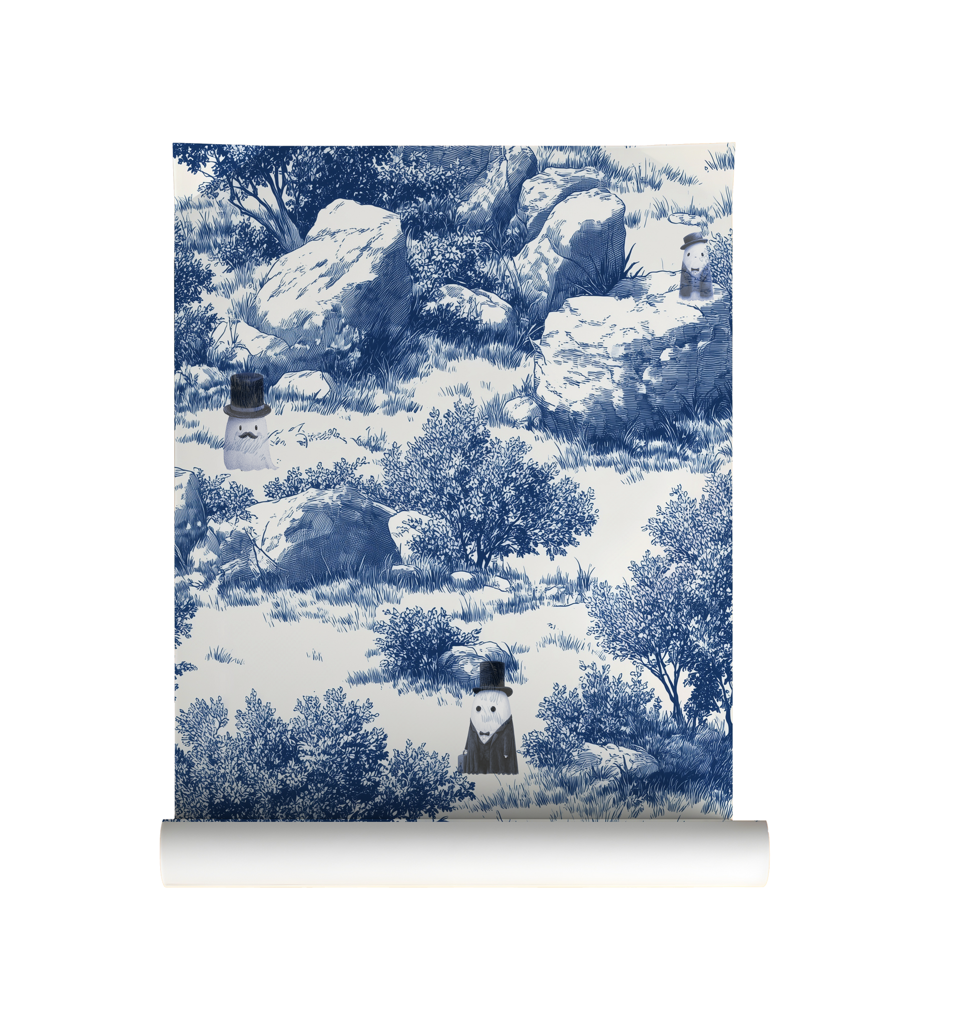 Blue toile peel and stick wallpaper with pastoral landscape, rocks and trees, whimsical ghost characters in vintage top hats on roll