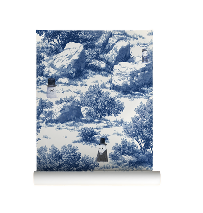 Blue toile peel and stick wallpaper with pastoral landscape, rocks and trees, whimsical ghost characters in vintage top hats on roll
