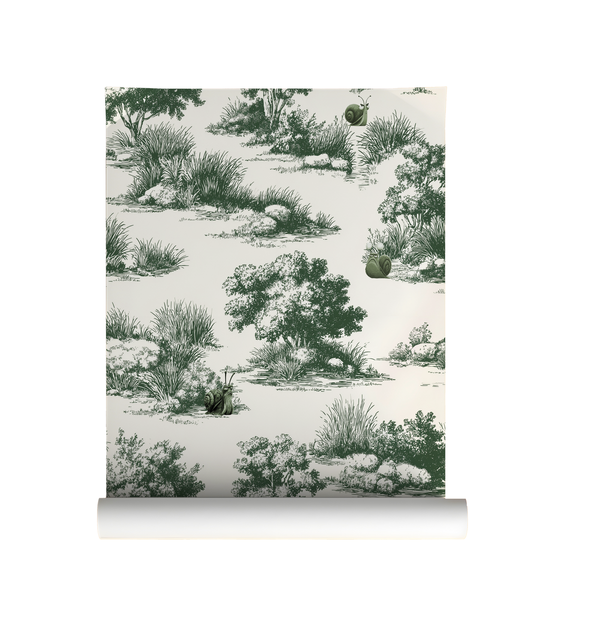 Vintage pastoral wallpaper with trees and grass landscape featuring snails wearing glasses, detailed toile style peel and stick wallpaper on roll