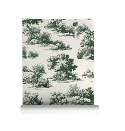 Vintage pastoral wallpaper with trees and grass landscape featuring snails wearing glasses, detailed toile style peel and stick wallpaper on roll