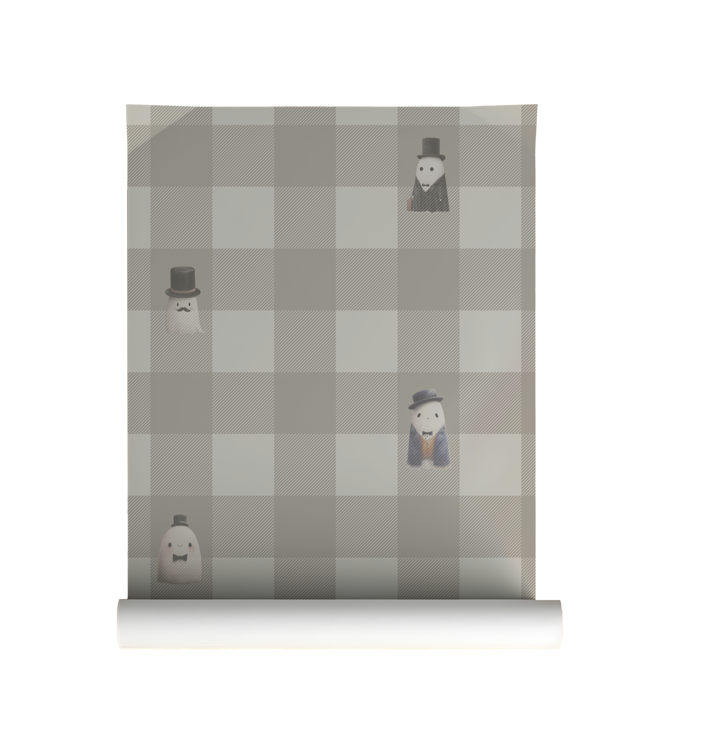 Beige checkerboard peel and stick wallpaper with striped squares and whimsical ghost figures in top hats and suits on roll