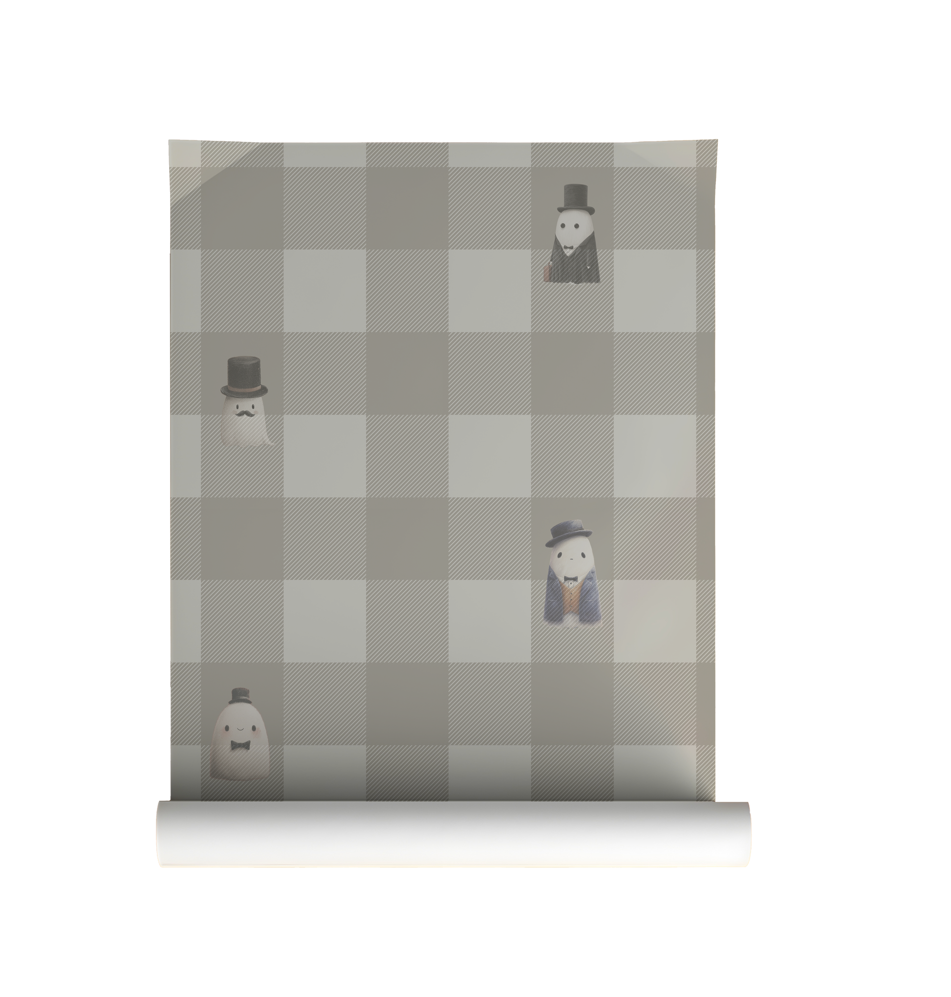 Beige checkerboard peel and stick wallpaper with striped squares and whimsical ghost figures in top hats and suits on roll