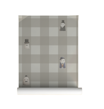 Beige checkerboard peel and stick wallpaper with striped squares and whimsical ghost figures in top hats and suits on roll