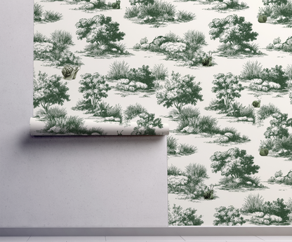 Vintage pastoral wallpaper with trees and grass landscape featuring snails wearing glasses, detailed toile style peel and stick wallpaper repeat pattern