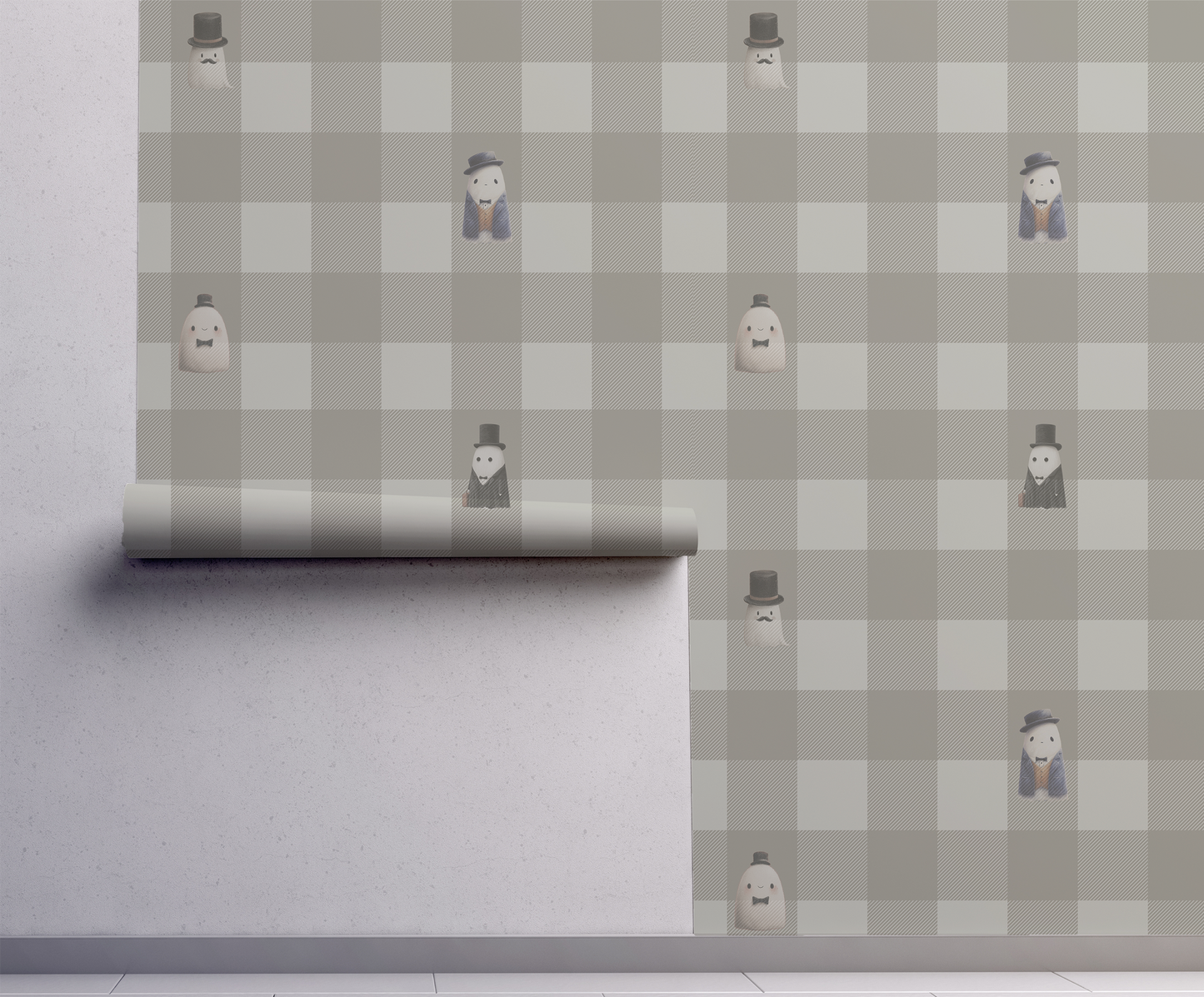 Beige checkerboard peel and stick wallpaper with striped squares and whimsical ghost figures in top hats and suits repeat pattern