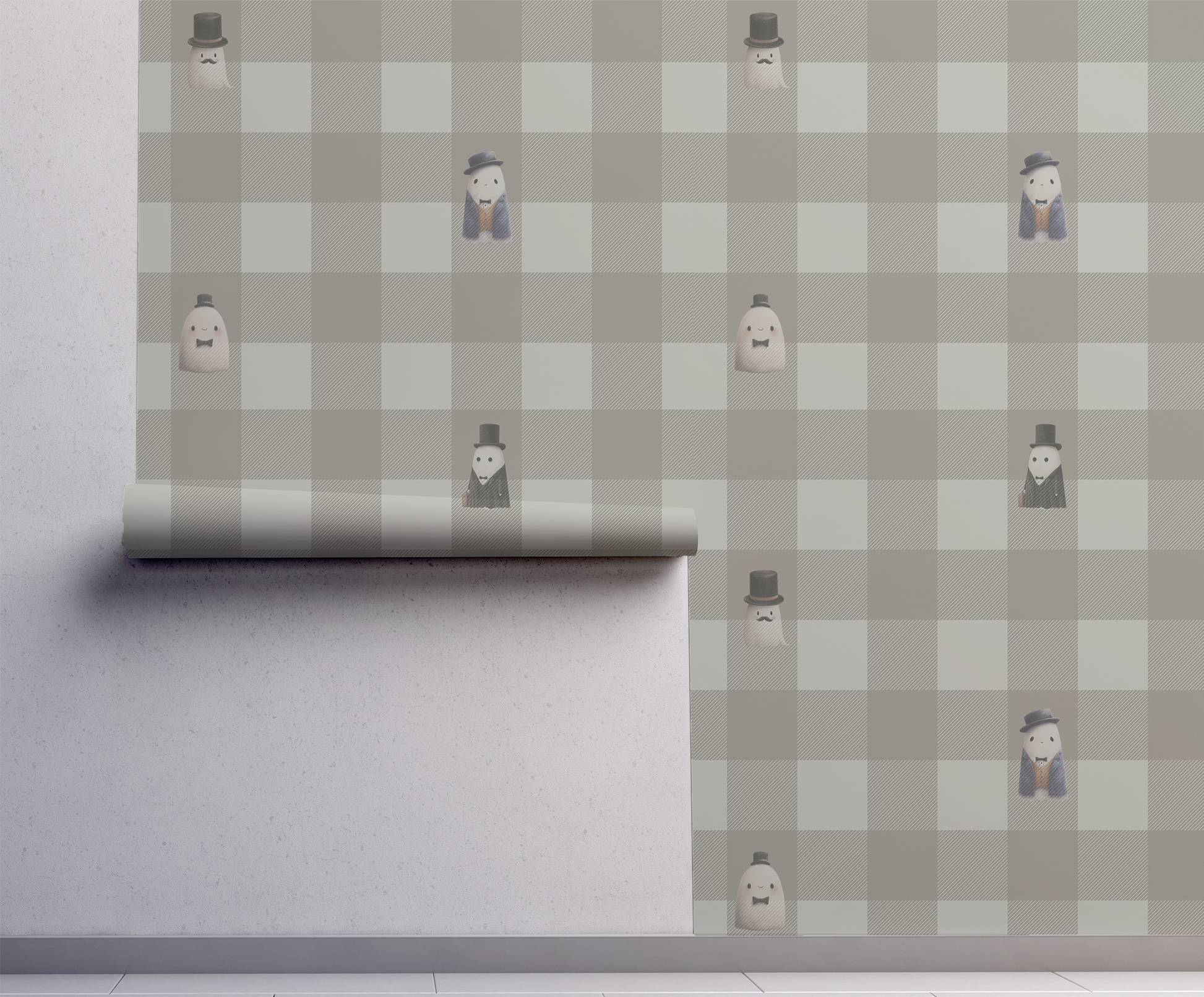 Beige checkerboard peel and stick wallpaper with striped squares and whimsical ghost figures in top hats and suits repeat pattern