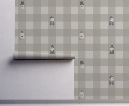 Beige checkerboard peel and stick wallpaper with striped squares and whimsical ghost figures in top hats and suits repeat pattern