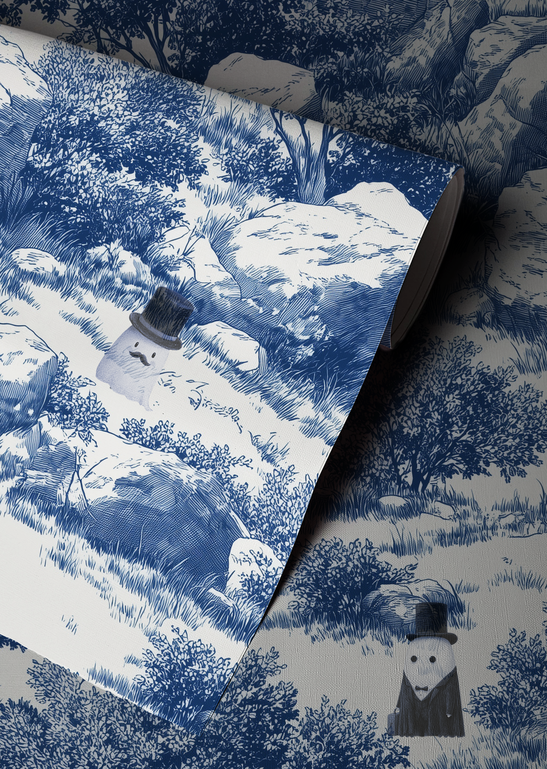 Blue toile peel and stick wallpaper with pastoral landscape, rocks and trees, whimsical ghost characters in vintage top hats up close