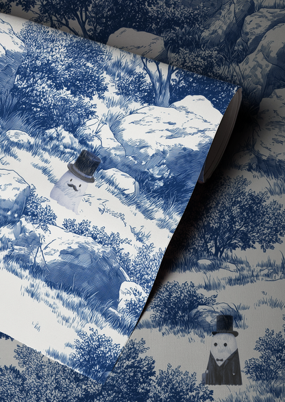 Blue toile peel and stick wallpaper with pastoral landscape, rocks and trees, whimsical ghost characters in vintage top hats up close
