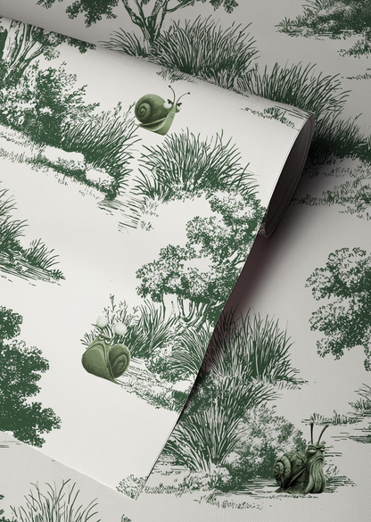 Vintage pastoral wallpaper with trees and grass landscape featuring snails wearing glasses, detailed toile style peel and stick wallpaper up close