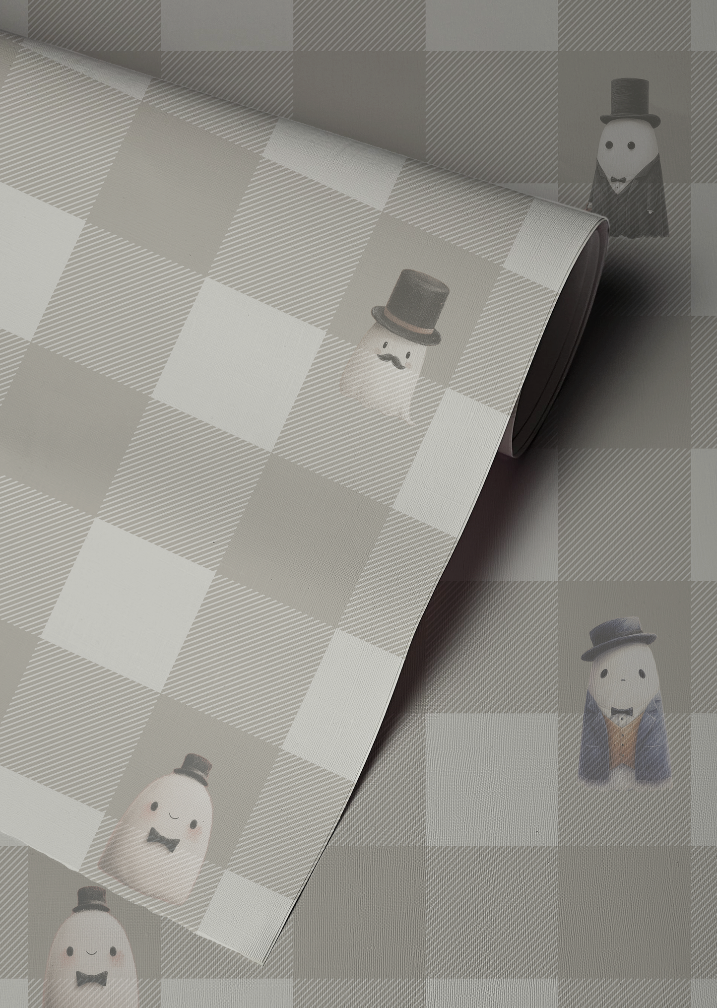 Beige checkerboard peel and stick wallpaper with striped squares and whimsical ghost figures in top hats and suits up close