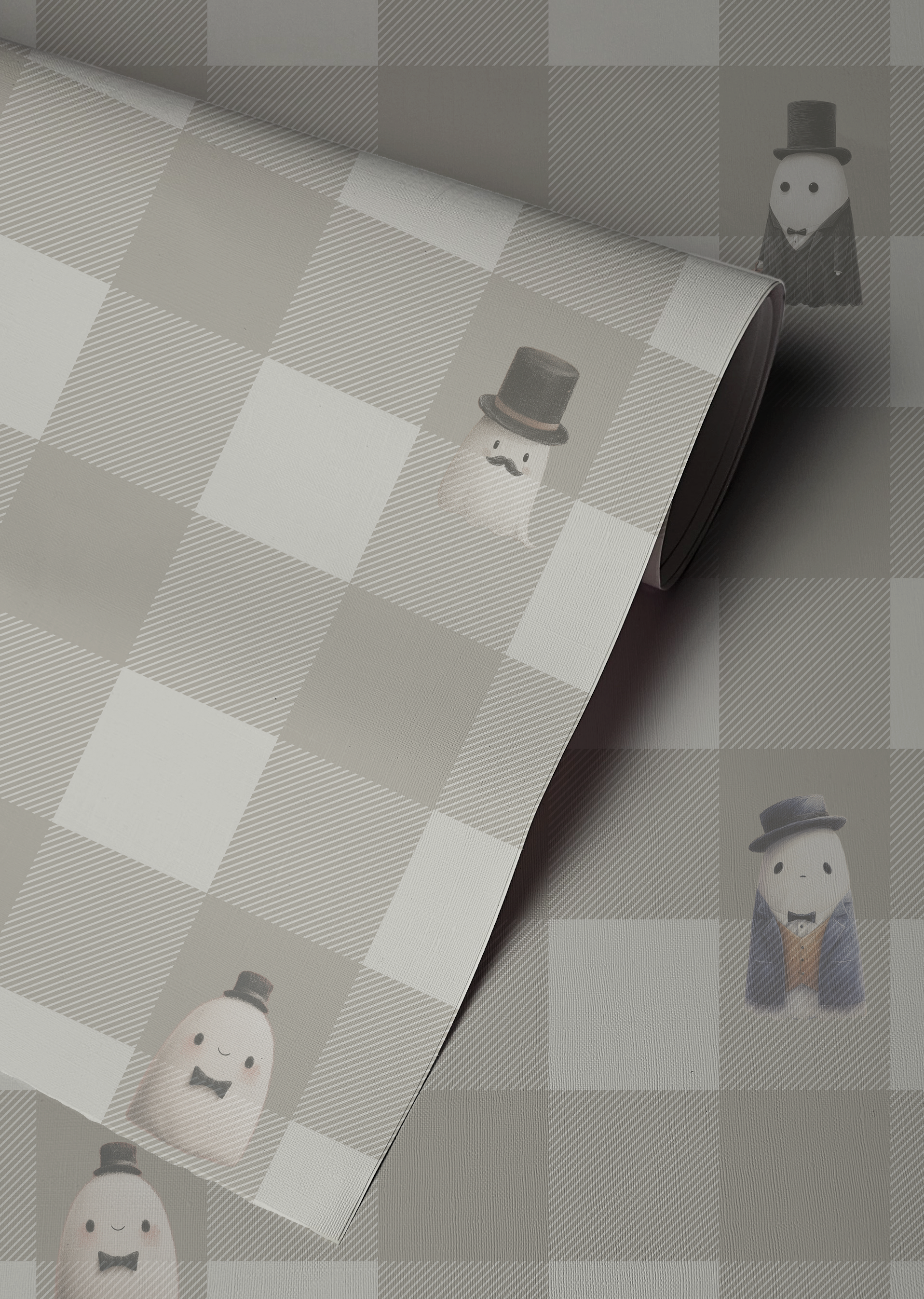 Beige checkerboard peel and stick wallpaper with striped squares and whimsical ghost figures in top hats and suits up close