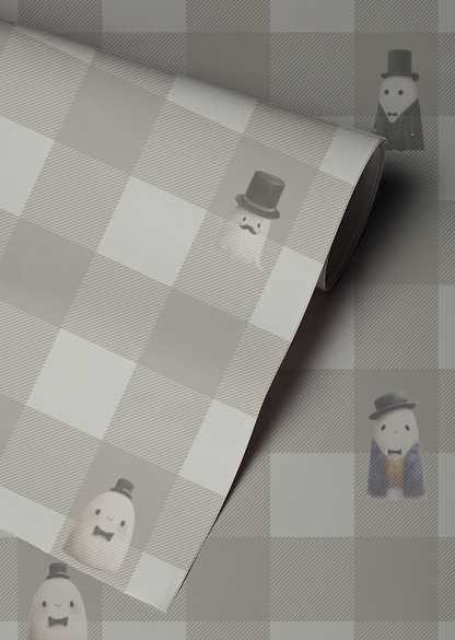 Beige checkerboard peel and stick wallpaper with striped squares and whimsical ghost figures in top hats and suits up close