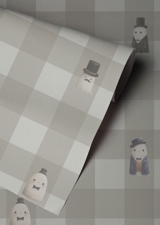 Beige checkerboard peel and stick wallpaper with striped squares and whimsical ghost figures in top hats and suits up close