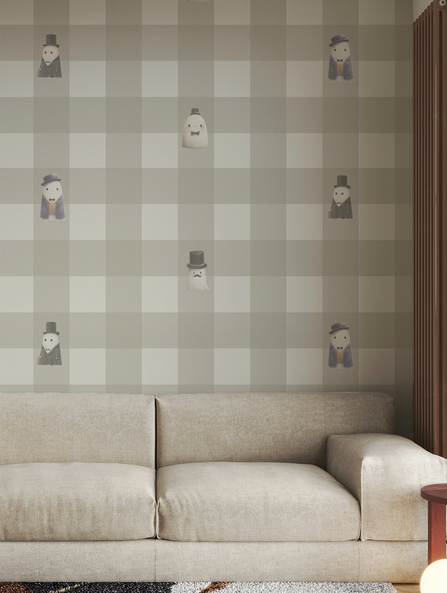 Beige checkerboard peel and stick wallpaper with striped squares and whimsical ghost figures in top hats and suits in living room
