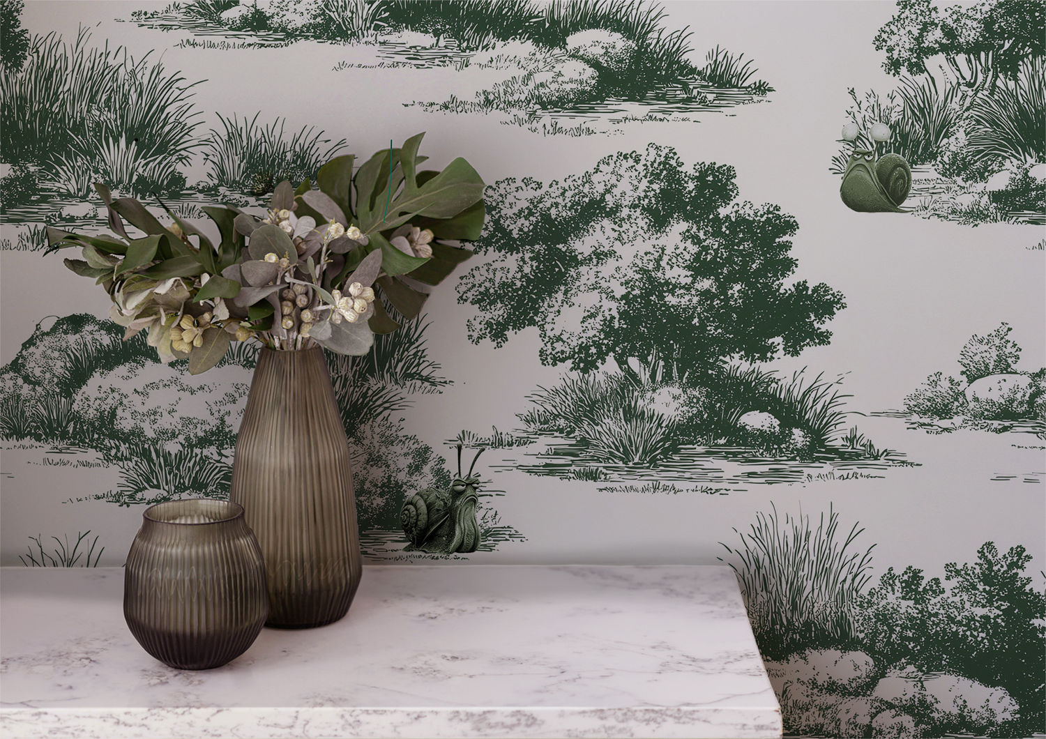 Vintage pastoral wallpaper with trees and grass landscape featuring snails wearing glasses, detailed toile style peel and stick wallpaper on wall